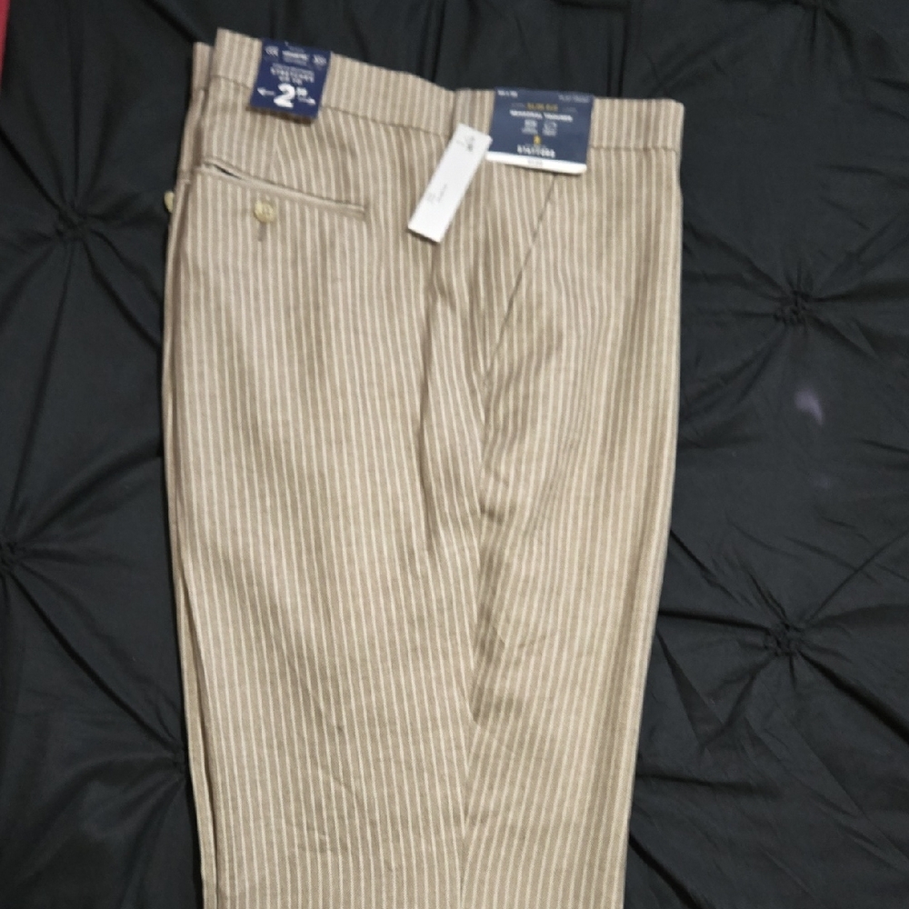 Stafford Men's Beige Striped Dress Pants
